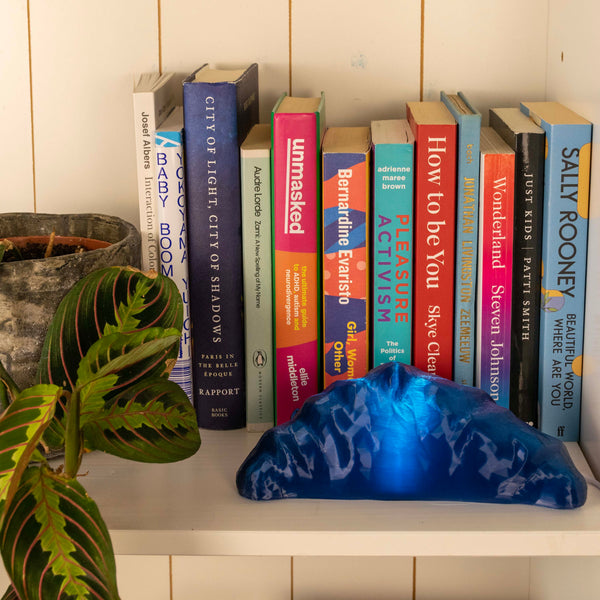 Blue croissant lamp on a bookshelf and a plant